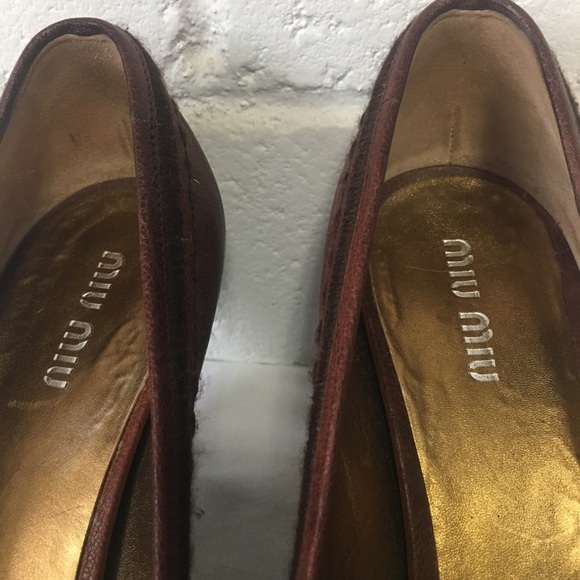 MIU MIU • Leather Peep Toe Wedges - Picture 7 of 16